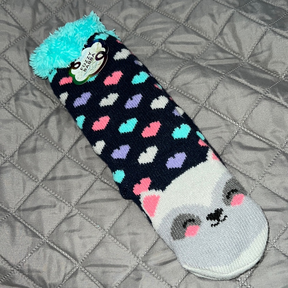 NWT Fuzzy Babba Cozy Plush-Lined Slipper Socks with grips (Sz 7.5-3.5)